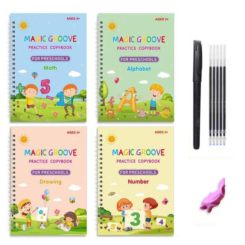 Magic Grooved Writing Practice Books, Reusable Handwriting Workbooks for Preschools, Kids Writing Practice Book with Pen Refill and Handwriting Aid(4 Books+1 Pen+5 Pen Refills+1 pencil grip) - Image 1